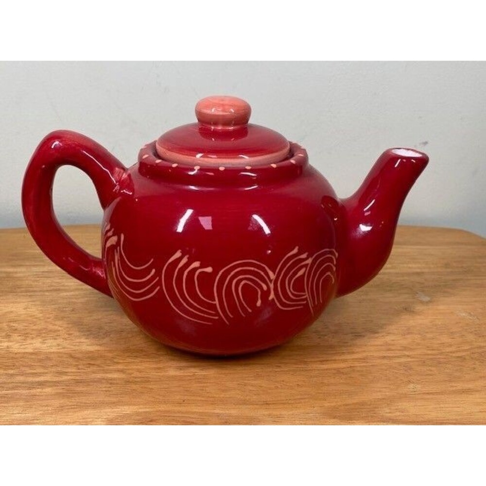 Foreside Pottery Red Teapot  with Lid Ceramic Red Swirls Dots 6" x 10" Vintage